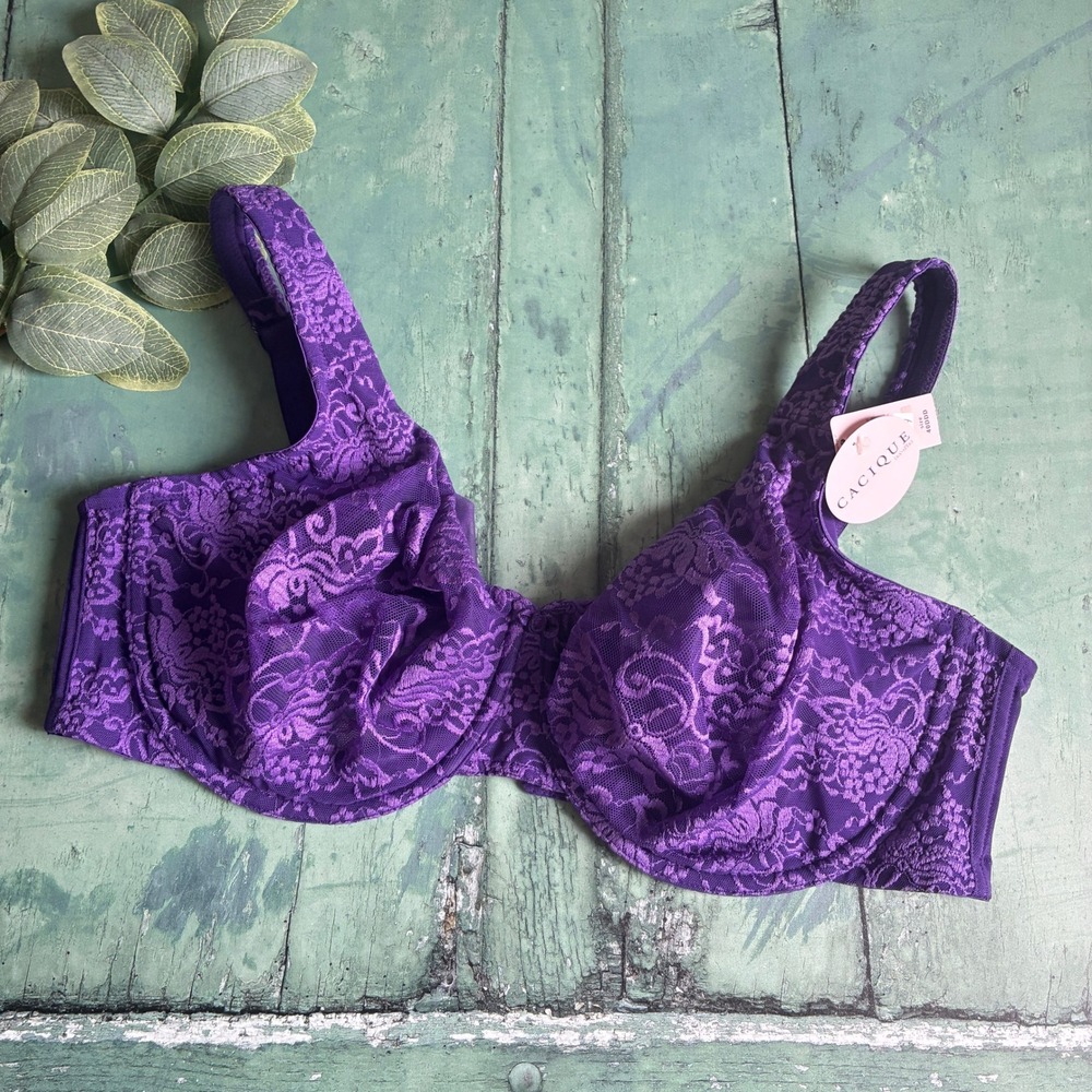 Cacique Purple Floral Lace Bra 40DDD Full Coverage NWT Underwire